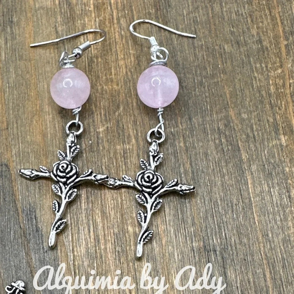 Silver rose cross statement Pink Quartz long dangle bohemian earrings - Picture 1 of 3
